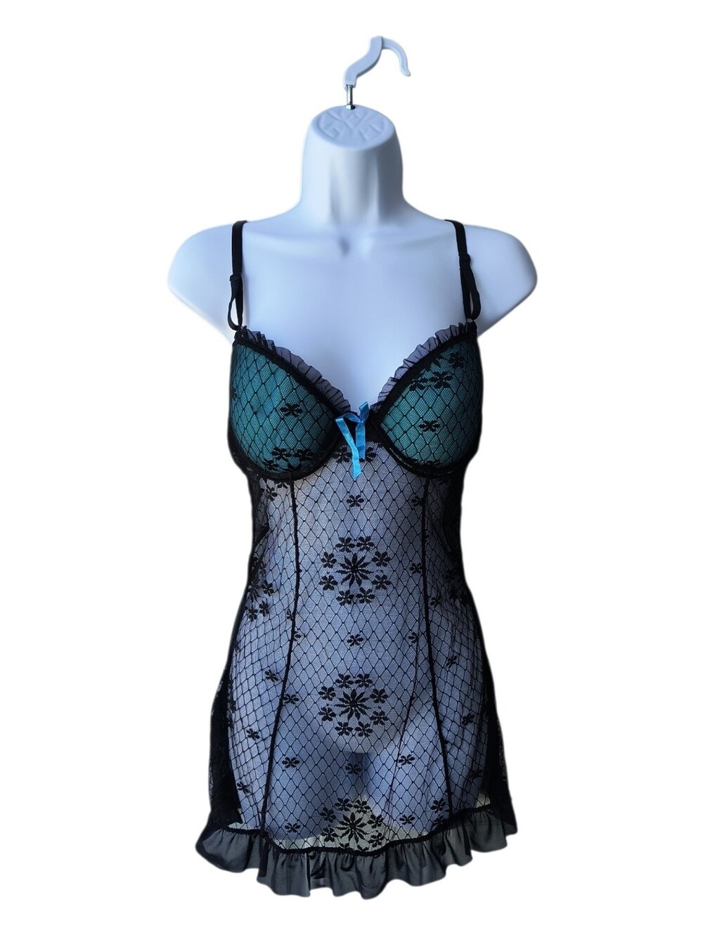 Native Intimates Teal & Black Sheer Lace Floral  Underwire Bra Chemise 34B/M NWT